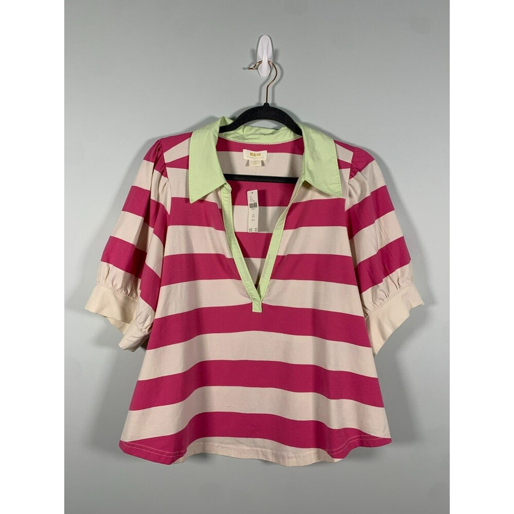 NWT Maeve Anthropologie Pink Rugby Stripe Puff Sleeve Polo Shirt 1X Preppy - Picture 2 of 7